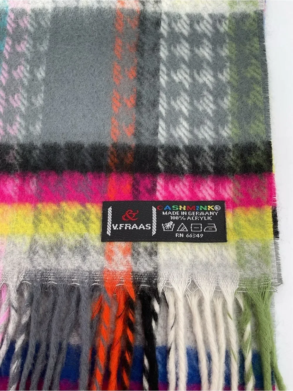 V. Fraas Multicolor Plaid Fringe Scarf - Gray, Pink, Yellow